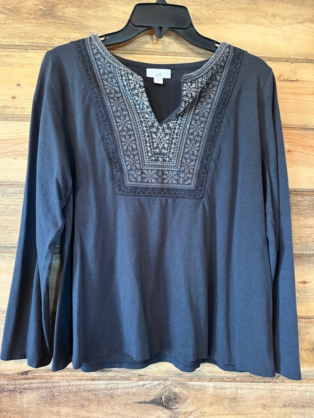 J. Jill Black Long-Sleeve Embroidered Yoke Tee